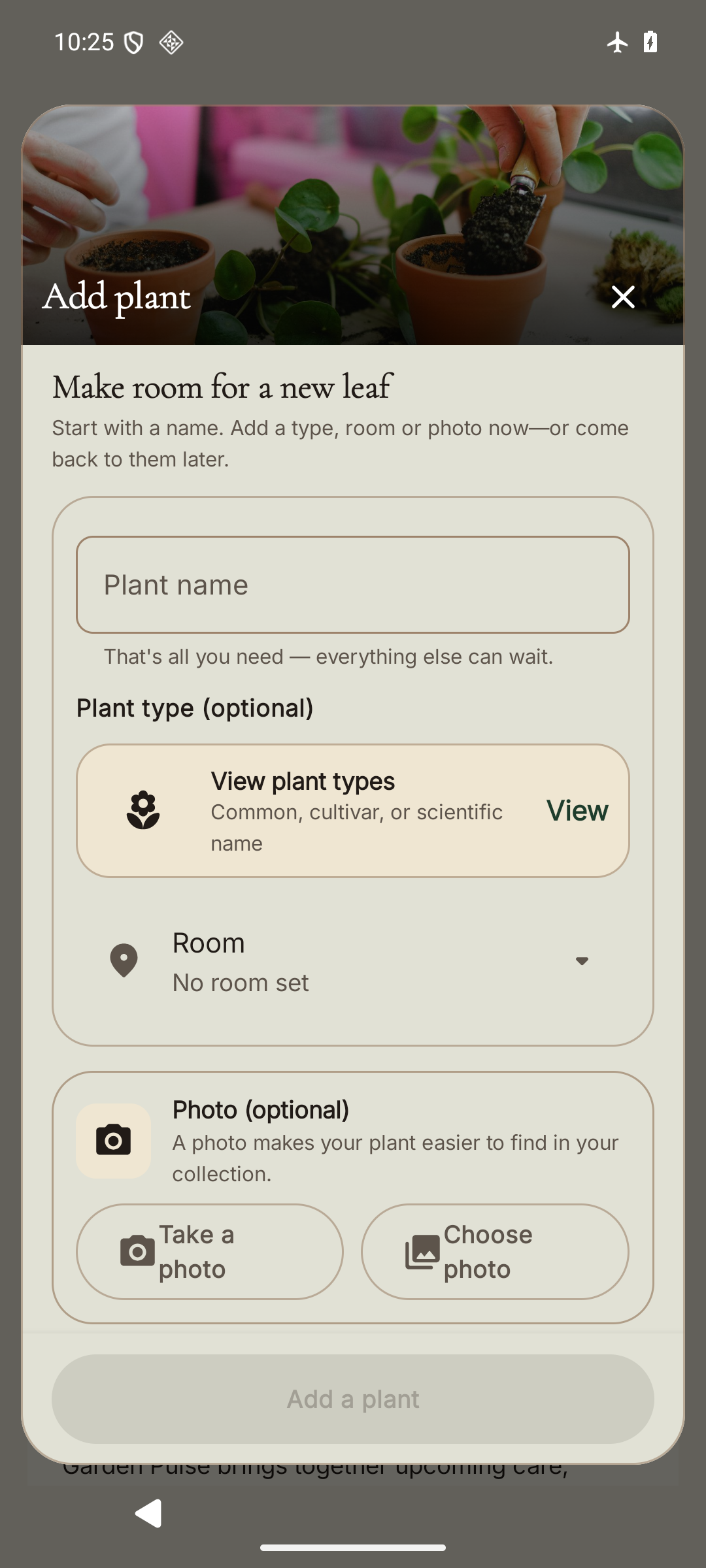 The current Lorekeeper Android beta Add plant screen showing the short essentials flow