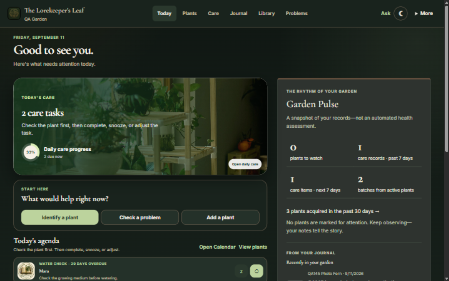 Detail of the actual desktop Web Companion: today's care and quick actions beside Garden Pulse, using example records